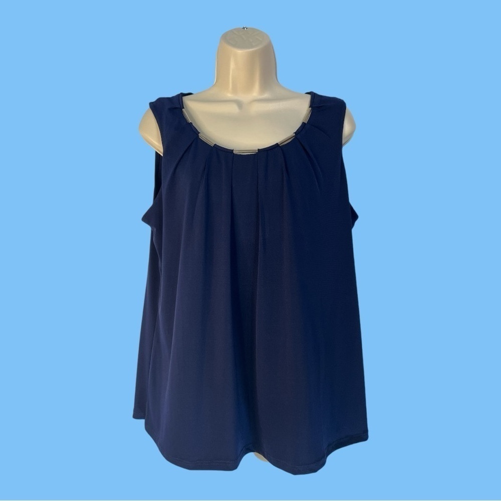 Corvia Navy Silver Embellished Neckline Sleeveless Blouse Size L